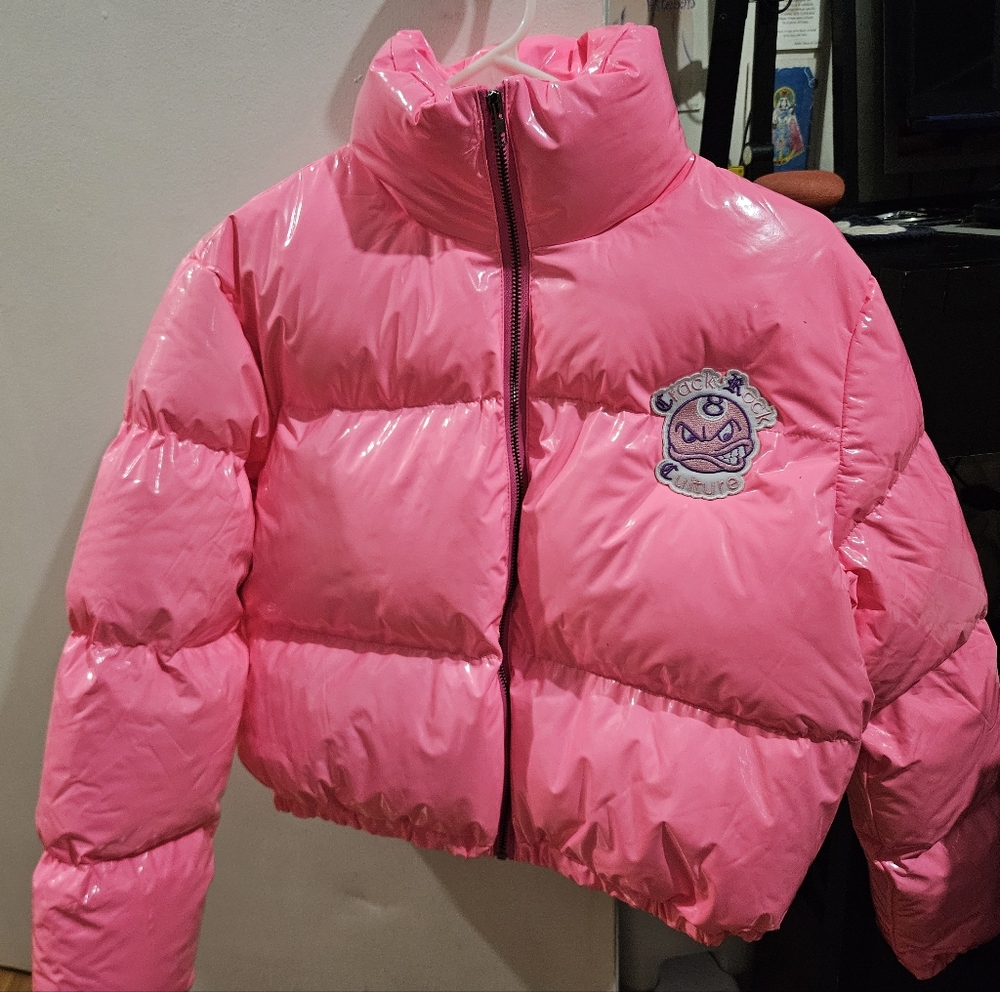 Crack Rock Culture Hot Pink Patent Puffer Jacket